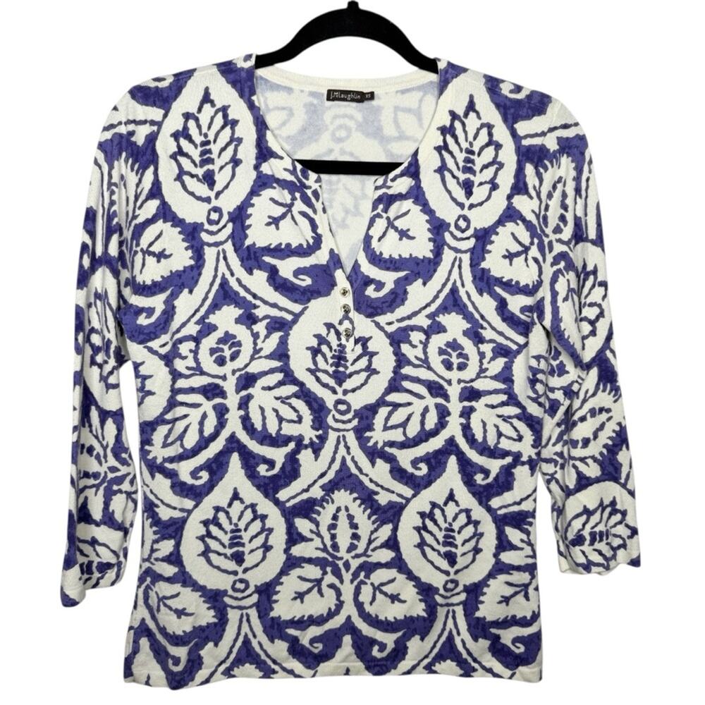 J.MCLAUGHLIN / white purple floral printed 3/4 sleeve cotton sweater / XS